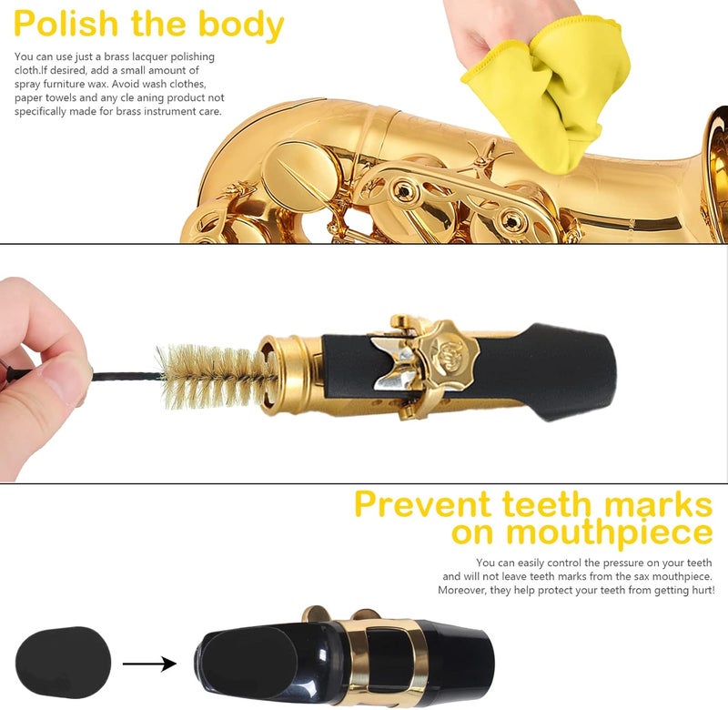 Eison Saxophone Cleaning Kits with Case for Sax and Clarinet Flute Trumpet Instruments,8PCS Saxophone Mouthpiece Cushion,Mouthpiece Brush Microfiber Cleaning Cloth（Yellow） - Image 4